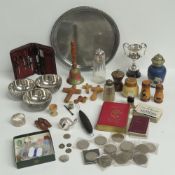 A quantity of assorted oddments inc various salts and peppers, trophy cup, crucifixes, napkin rings,