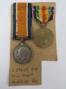 A pair of WWI British medals being War and Victory each with ribbon engraved for G-89403 PTE H.L.