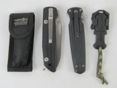 Three assorted pocket knives inc; Spyderco, CRKT knife and Kershaw.