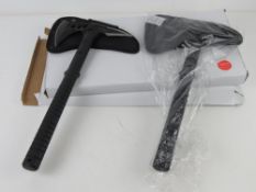 Two Anglo arms axes with protective cases, in original packaging.