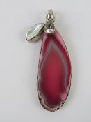 A large pink banded agate, pearl and CZ pendant, stamped 925 and measuring 7.8cm inc bale.