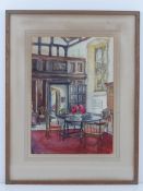 Watercolour sketch of a breakfast room featuring table with assortment of chairs with floral