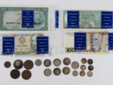 A quantity of British and USA coins together with four bank notes for Brasil, Mozambique,