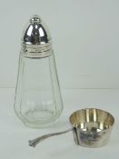 A Christofle silver plated sugar sifter, together with an individual silver plated 'saucepan'.