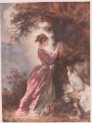 A framed print from a painting in the Wallace Collection depicting a Georgian lady carving her name