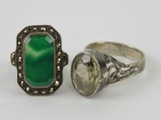 A silver green agate and marcasite ring in the Art Deco style, stamped 925, size J.