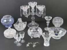A quantity of glassware including Stuart Crystal bowl, candelabra, sherry glasses, etc.