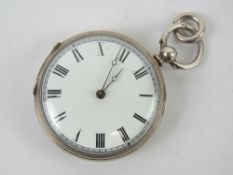 A silver open face key wind fob watch, slightly a/f, marked fine silver to case,