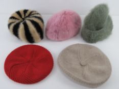 A quantity of vintage hats inc 100% cashmere beret, faux fir, 80% Angora,