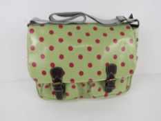 A green polka dot satchel type handbag 'as new', approx 35 x 26cm.