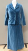 Designed and made by Rosemarie van Bree; A blue velvet two piece suit comprising jacket and skirt,