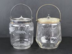 Two glass wafer / biscuit barrels, one e