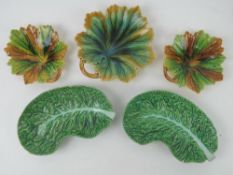 Three Victorian majolica ware leaf dishe
