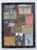 A montage of assorted WWII items inc rations books, YHA handbook, German banknote,