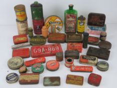 A large quantity of circa WWII and later tins inc Swan Metal Polish, Piccadilly cigarette,