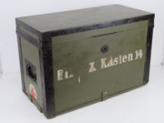 A WWII German Red Cross wooden transit case having metal end handles and bearing label Bartsch