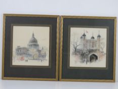 A pair of coloured prints of London being St Paul's Cathedral and Tower of London, each 22 x 21cm,