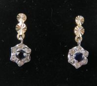 A pair of 9ct gold sapphire and diamond floral cluster earrings with butterfly backs,