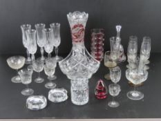 A quantity of assorted glassware including; pink Wedgwood glass paperweight,