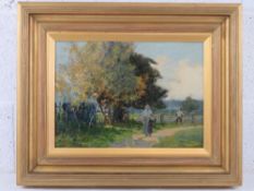 Sir Alfred East RA (1849-1911) oil on board, old lady on country lane, trees and figure behind,