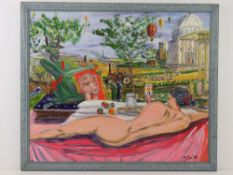 Oil and acrylic by Martino being an abstract female nude with pastoral scene and temple beyond 60 x