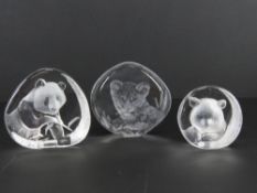 Mats Jonasson Swedish lead crystal paperweights; Leopard Cub 13 x 12cm, Panda 13 x 12cm,