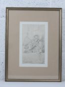 Charles Spencelayh (1865-1958) pencil sketch, 'The Seamstress' old lady sewing by gas light,