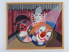 Acrylic on board, unsigned abstract of circus clowns, 50 x 39cm.