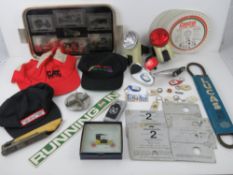 A quantity of vintage motor related items including chrome wing mirror, keyrings, bicycle lights,