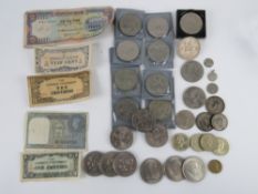 A quantity of Japanese and Indian bank notes, assorted coins and commemorative coins.
