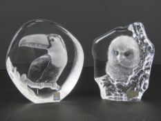 Mats Jonasson Swedish lead crystal paperweights; ornithology interest being a Toucan 13 x 13cm,