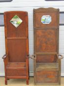 Two c1930s hall stands, each with lift up seat, side umbrella stands, one with original drip tray,