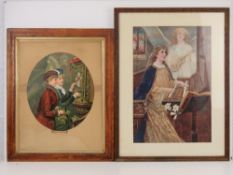 Two ecclesiastical prints; one being medieval female playing the organ with angel beyond, 50 x 34cm,