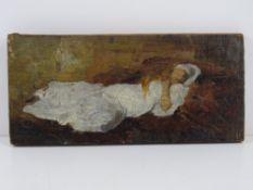 An unusual double sided oil on wooden board having sleeping figure in nightcap and gown with child