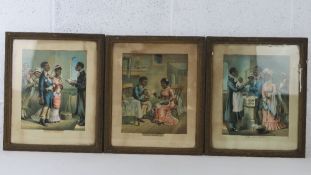 Three coloured lithographic prints harcking back to a less politically correct time and entitled