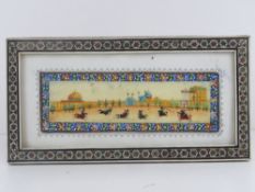 A Mongolian style painting on ivory depicting warriors on horseback with city walls beyond,