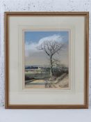 Peter Newcombe, watercolour, view of Bugbrooke possibly from Birds Hill,