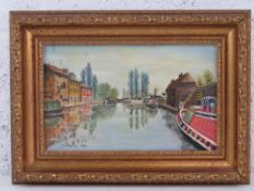 Tom Atkins, oil on board, The Grand Union Canal at Stoke Bruerne, framed, sight size 22 x 14cm.