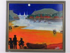 Oil and acrylic by Martino entitled 'Terrors come in Trios' harbour scene in moonlight with