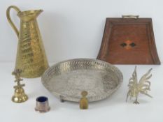 A silver plated fighting cockerel table centre piece together with a silver plated tray,