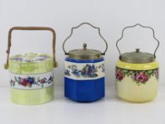 Three transfer printed wafer / biscuit barrels, each with nickel plated lids and handles c1950s.