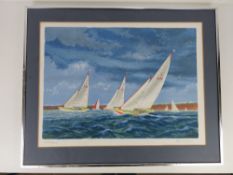 Signed artist proof print, sailing boats with cliff line and sky beyond, signed in pencil lower