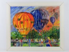 Oil and acrylic by Martino being an abstract hot air balloon scene with crowd below 55 x 45cm,