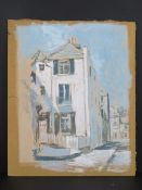 Pastel and watercolour on board, a naive study of a three story house in shades of blue, signed