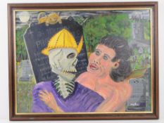 Abstract acrylic by Martino titled 'A Village in Wooing' featuring a woman and skeleton in embrace