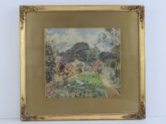 Watercolour; floral garden scene, lawn with flowers, bushes and sky beyond, signed lower right H P