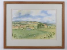 Watercolour by Kathlean Ellis 'Campdon Church from Ebrington Hill above cave bank 1997', sheep in
