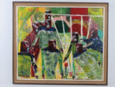 Mixed media by Martino; titled 'A Garden Question' being abstract Cubist influence crowd around a