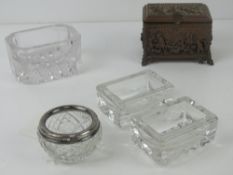 An HM silver and cut glass salt, together with three other salts (2+1) and a lidded relief jewellery