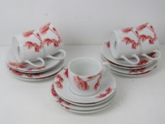 Six Royal Worcester Red Peony trios, one cup deficient.